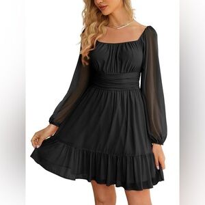 Exlura - Women's Mesh Long Sleeve Square Neck - Mini Dress, Size Medium, Black